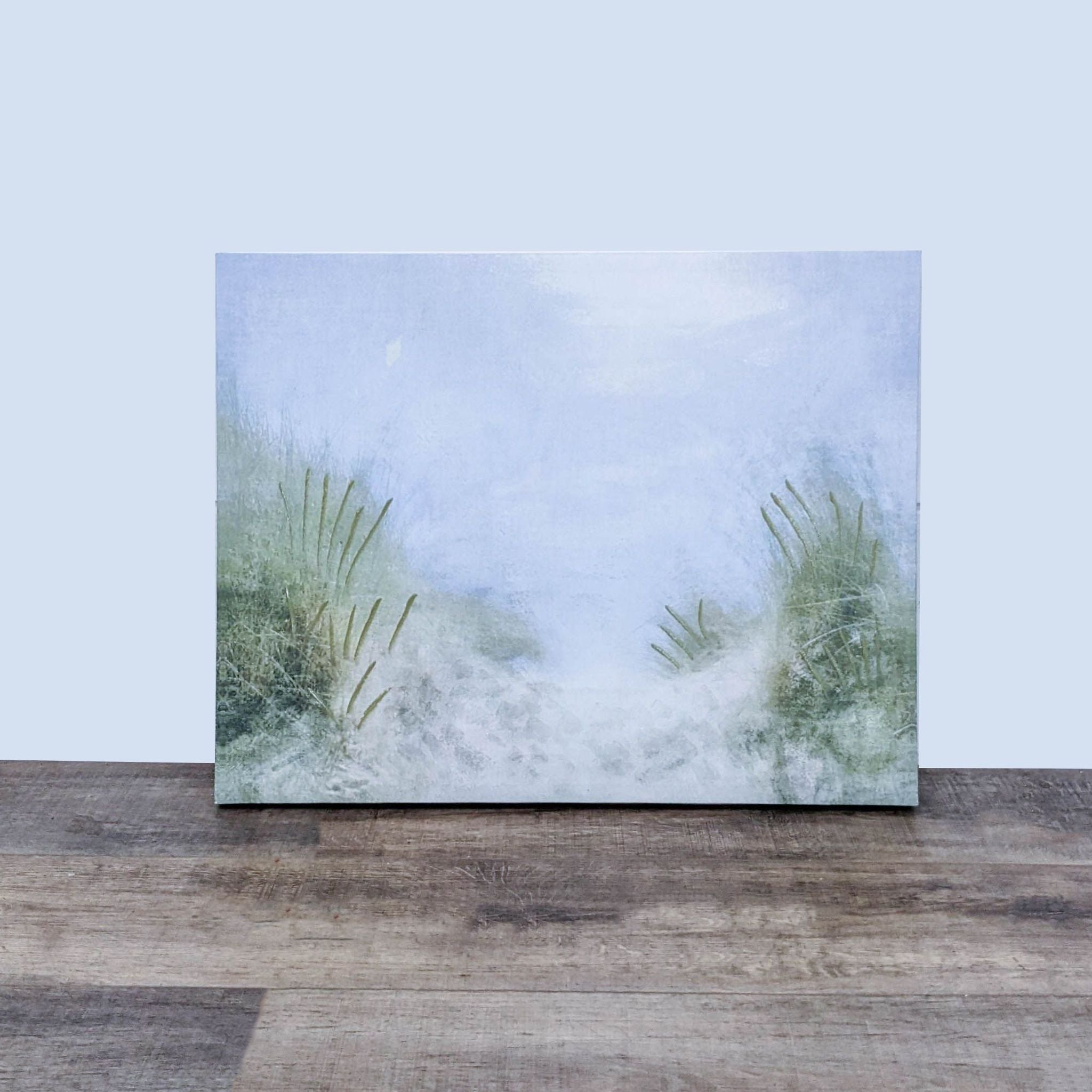 Alt text 1: Reperch giclee canvas print, featuring ethereal botanical motifs against a soft blue textured background, staged on a wooden floor.