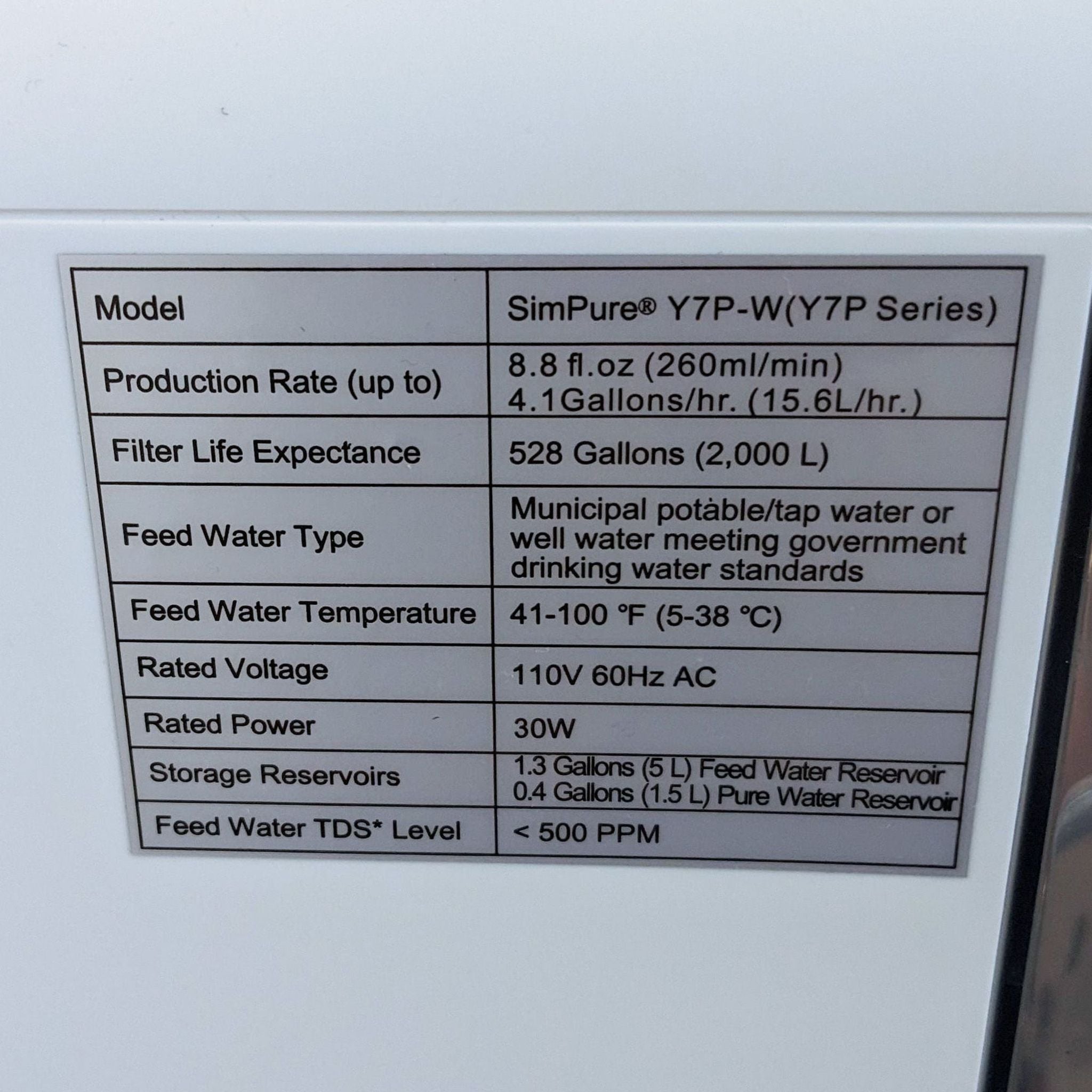 Alt text 3: Close-up of a label detailing model specifications and features of a Simpure water purifier.