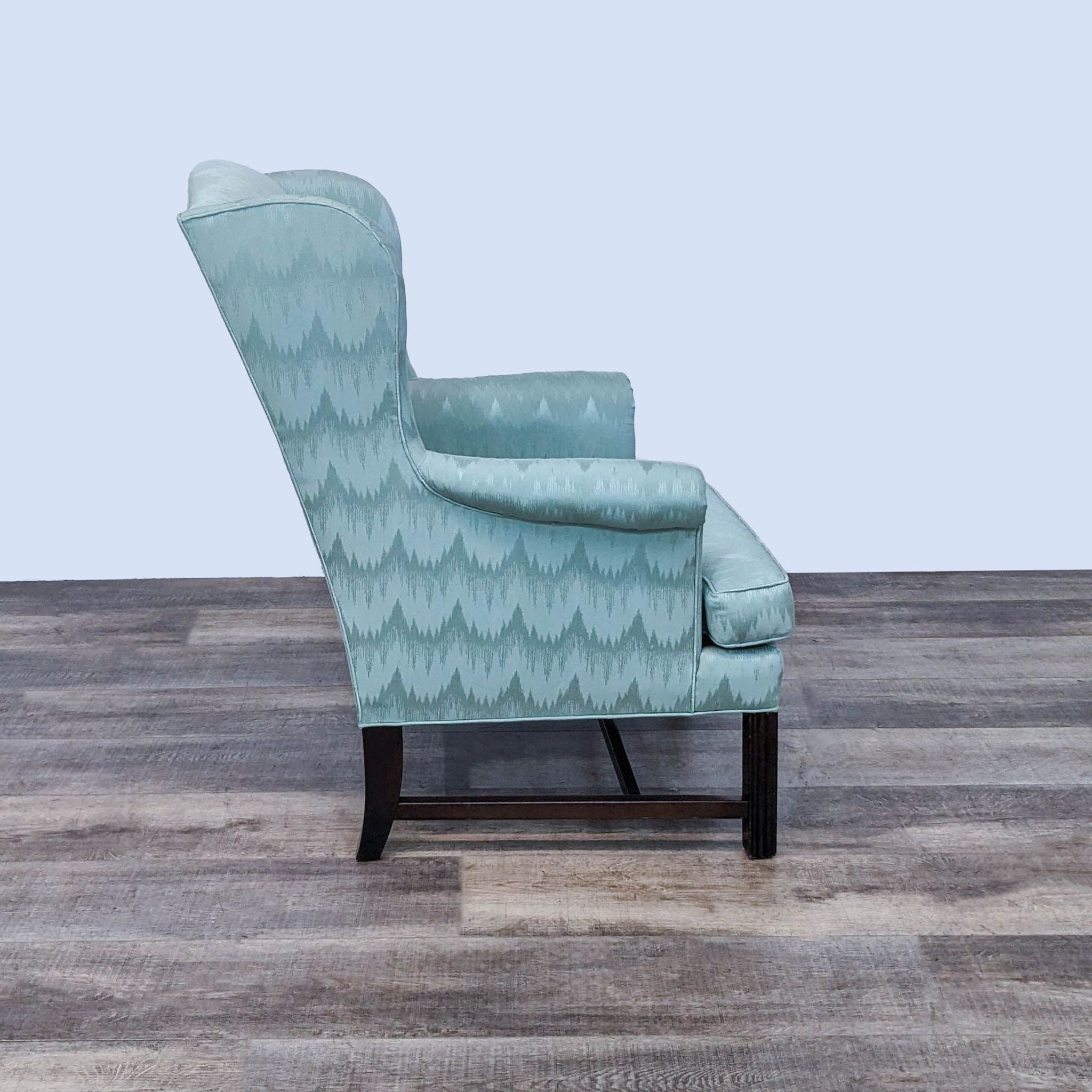Classic Drexel Heritage wingback lounge chair featuring a timeless Chippendale design with zigzag-pattern upholstery.