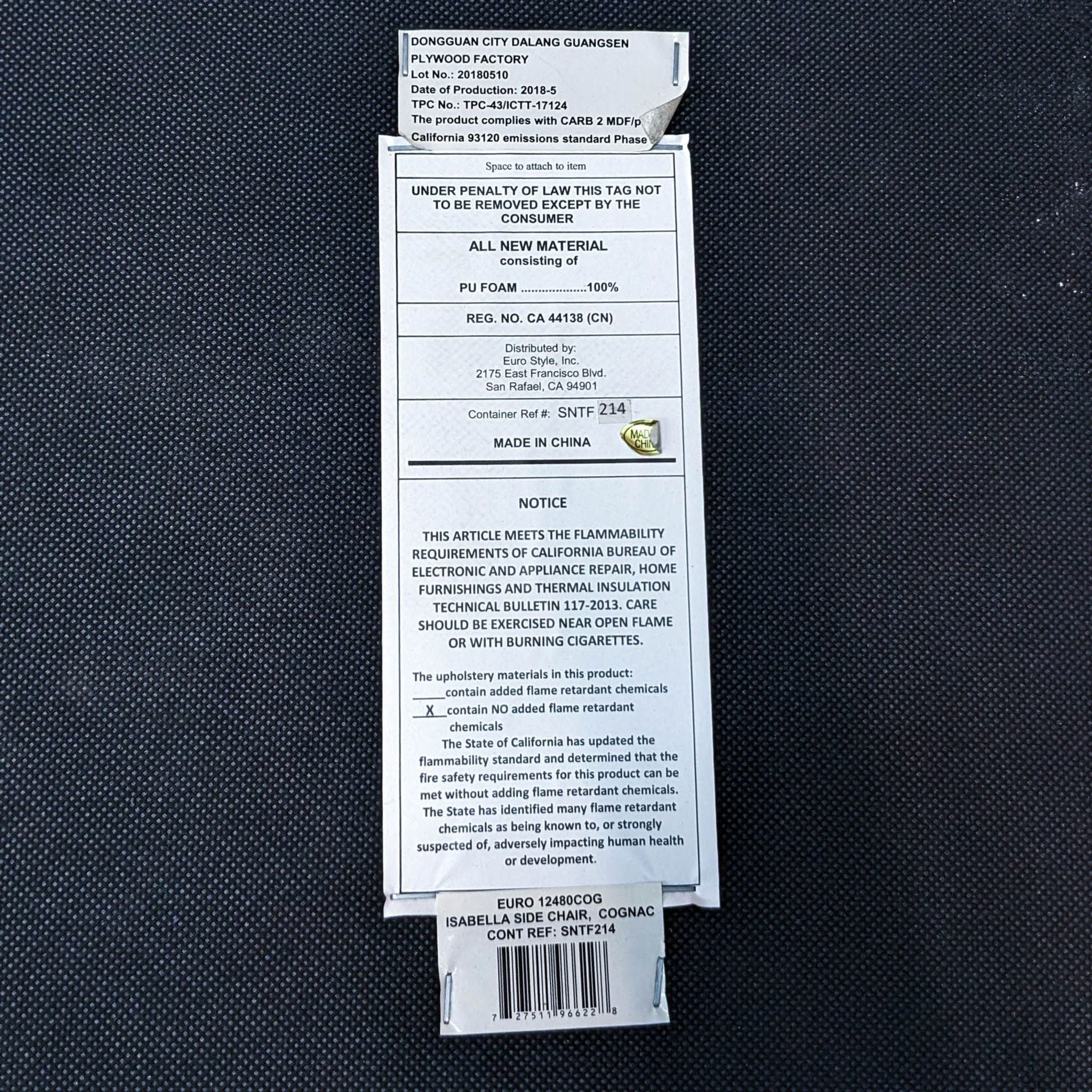 Label attached to a Euro Style Isabella stackable side chair displaying product information and flammability notice.