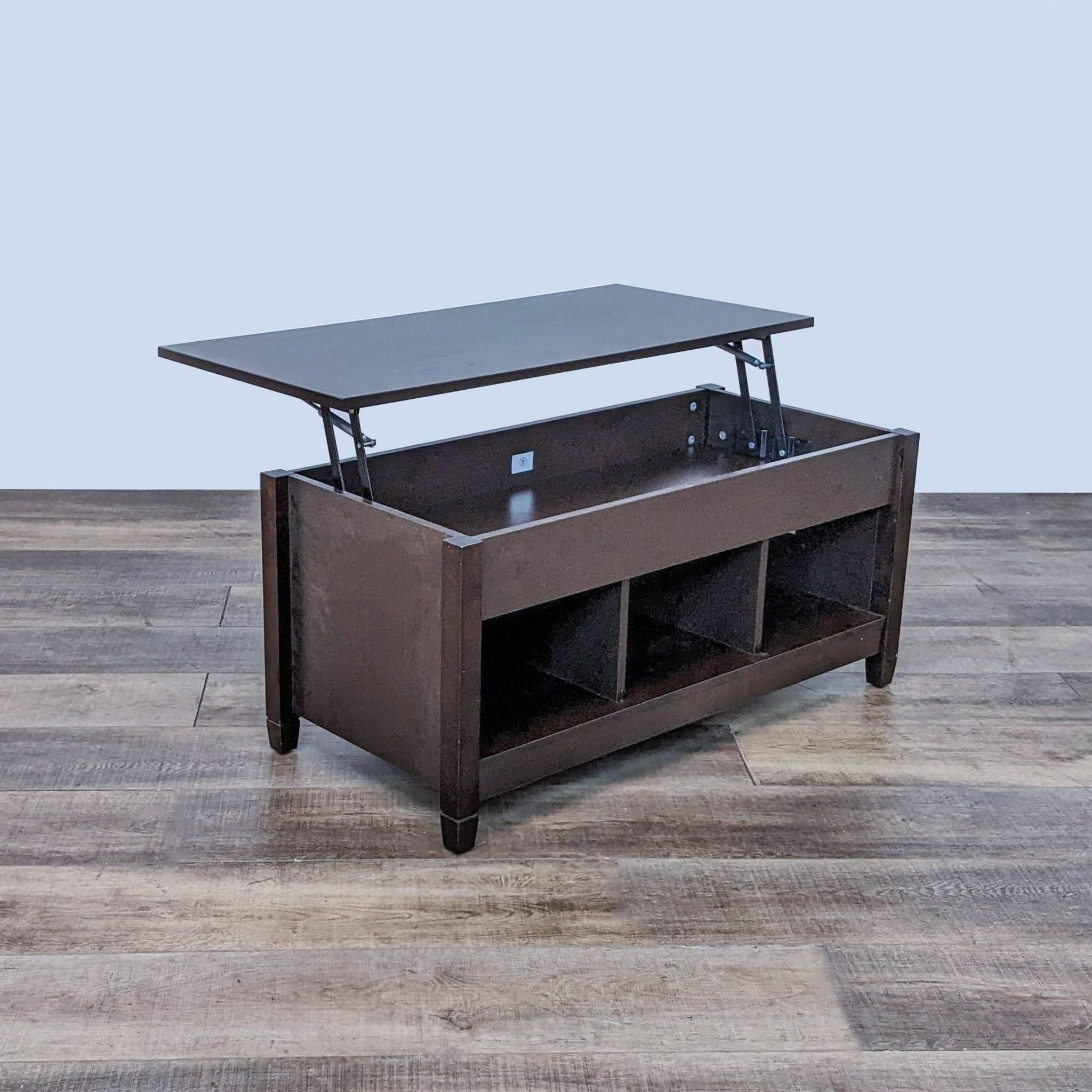 1. "Reperch coffee table with a dark finish, lower shelf, and simple design on a wooden floor."