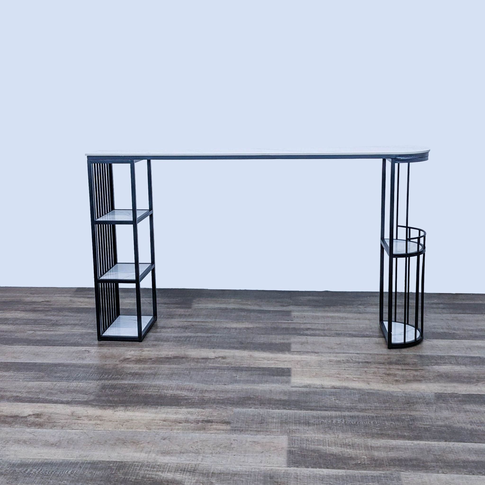 LitFad console table displaying a modern marble surface on a minimalist metal base with integrated shelving.