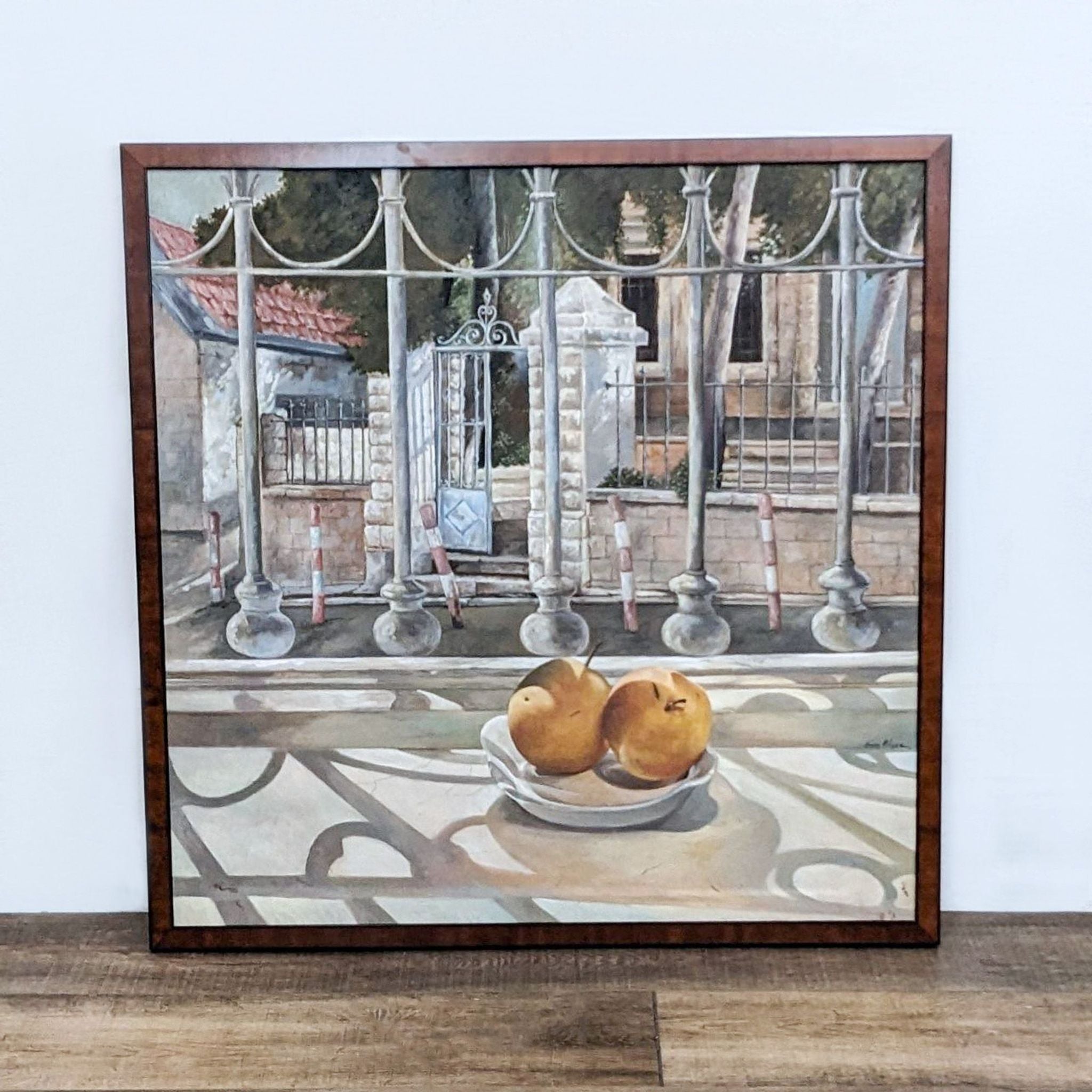 Painting of peaches on a windowsill with a street view background, by Hanan Milner.