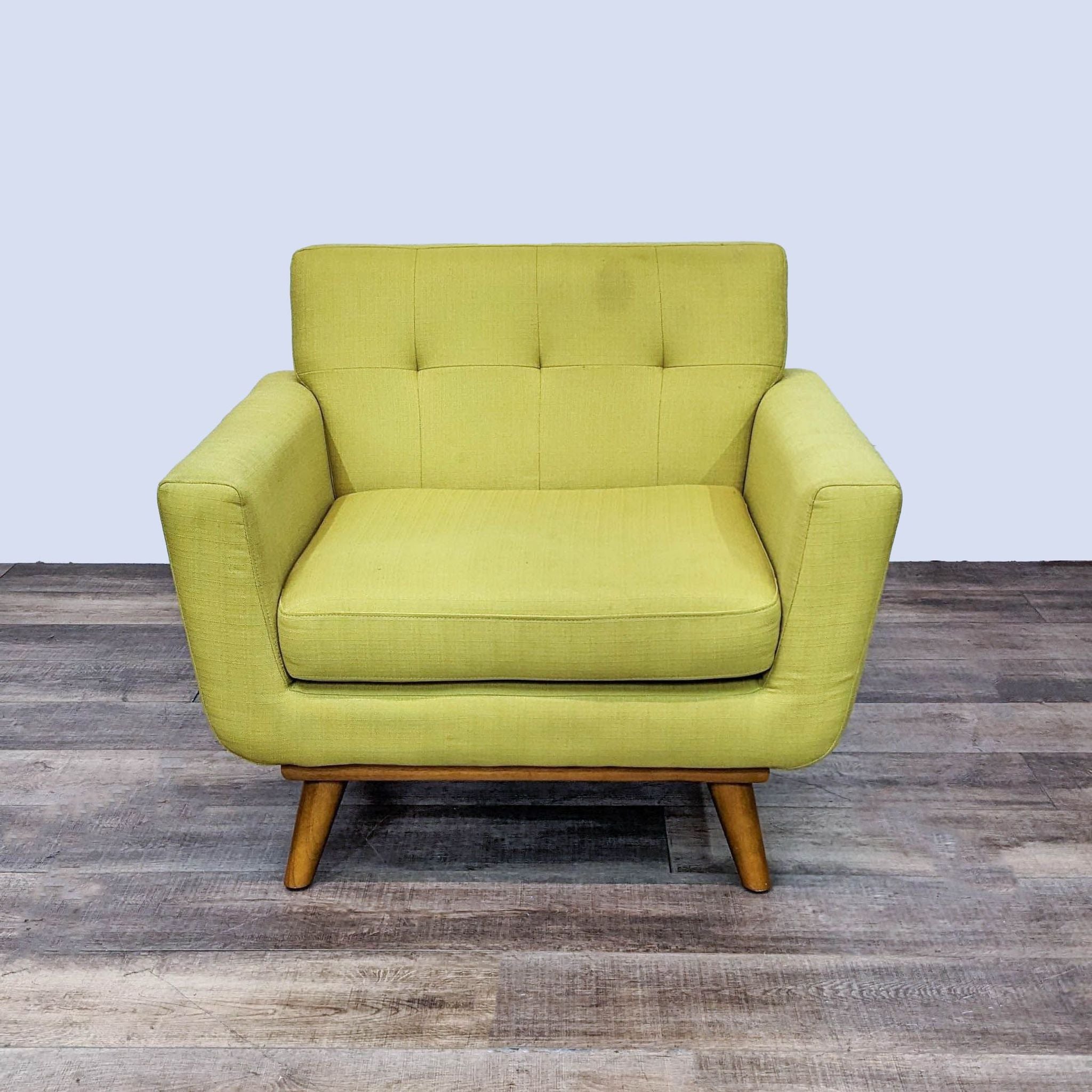 Modway Engage chair in mustard yellow with button tufting and angled wooden legs, mid-century modern design.