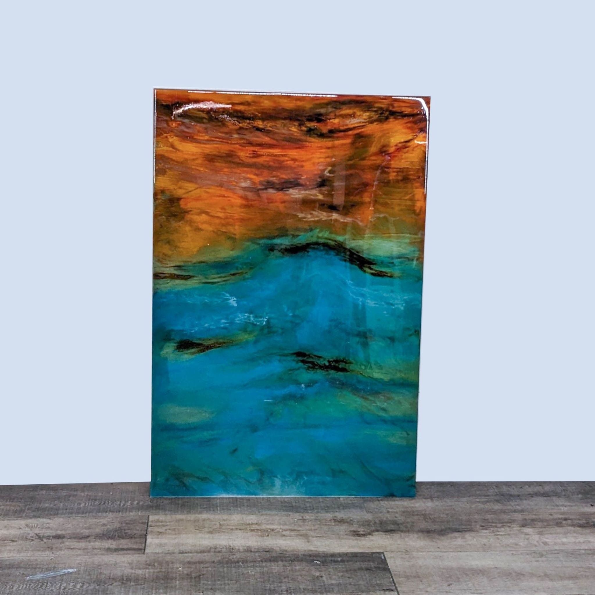 1. Abstract resin on steel artwork by Christo Braun, vibrant blue and warm tones resembling water and earth textures.