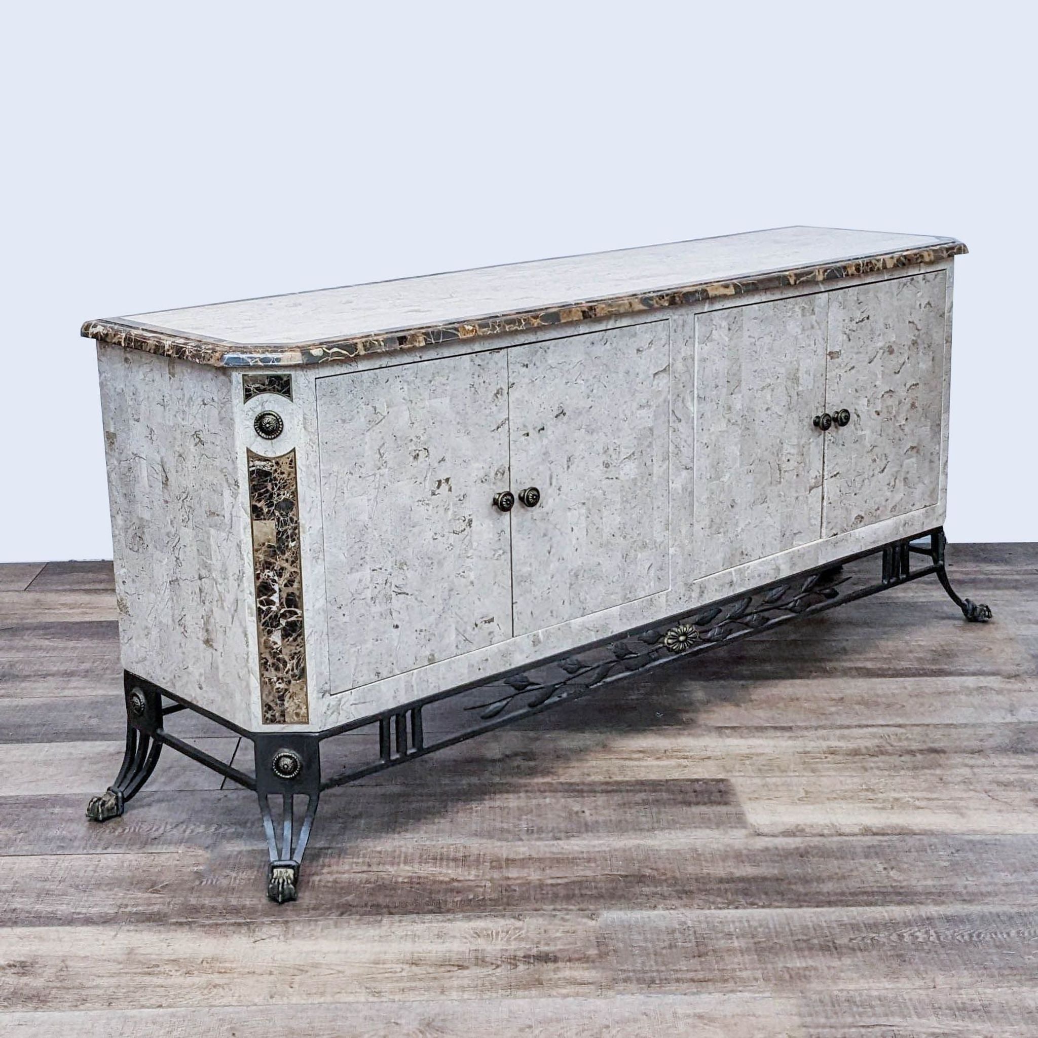 Reperch marble-veneered sideboard with brass and iron accents, iron legs, and four doors with faux-finished interior, styled like Maitland Smith.