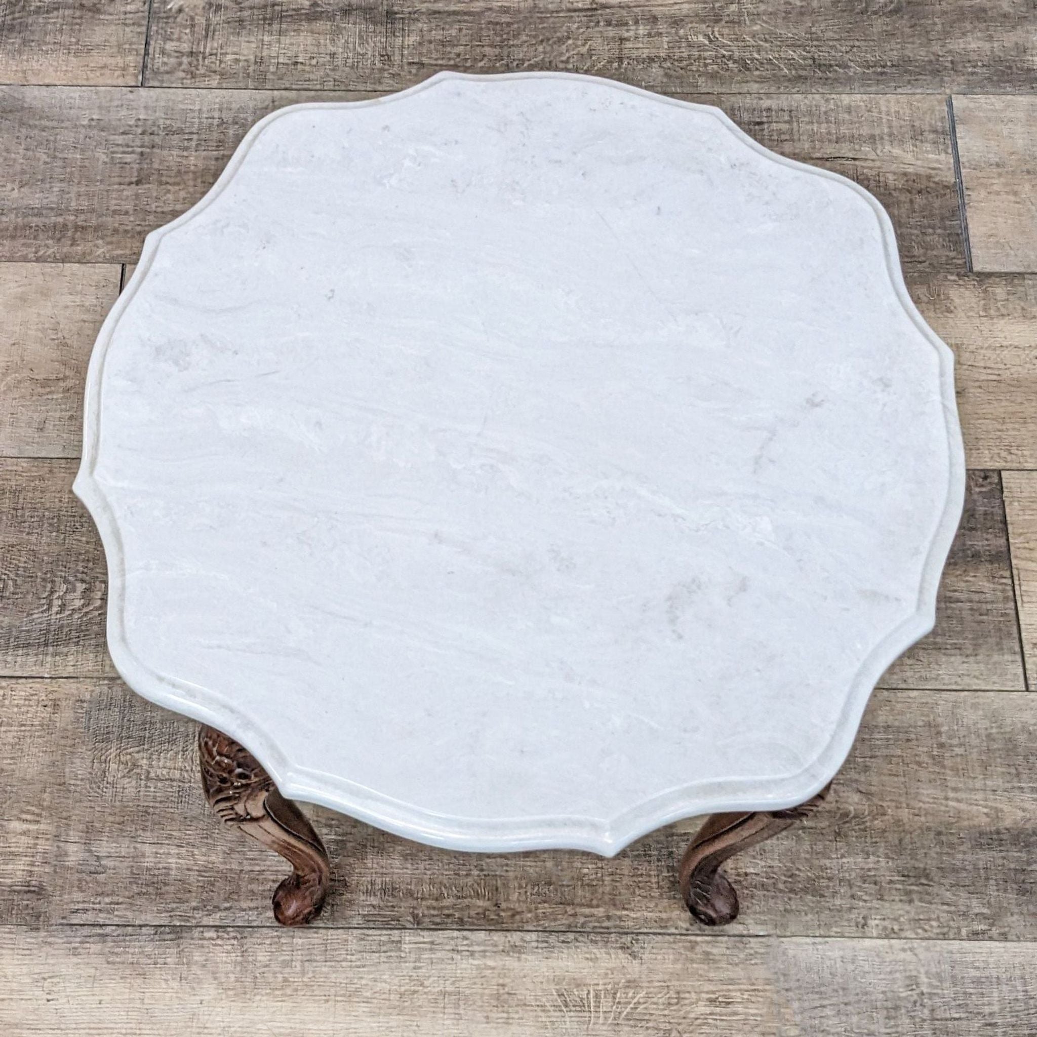 Image 3: Top view of a Reperch end table with scalloped marble surface and ornate wood details visible.