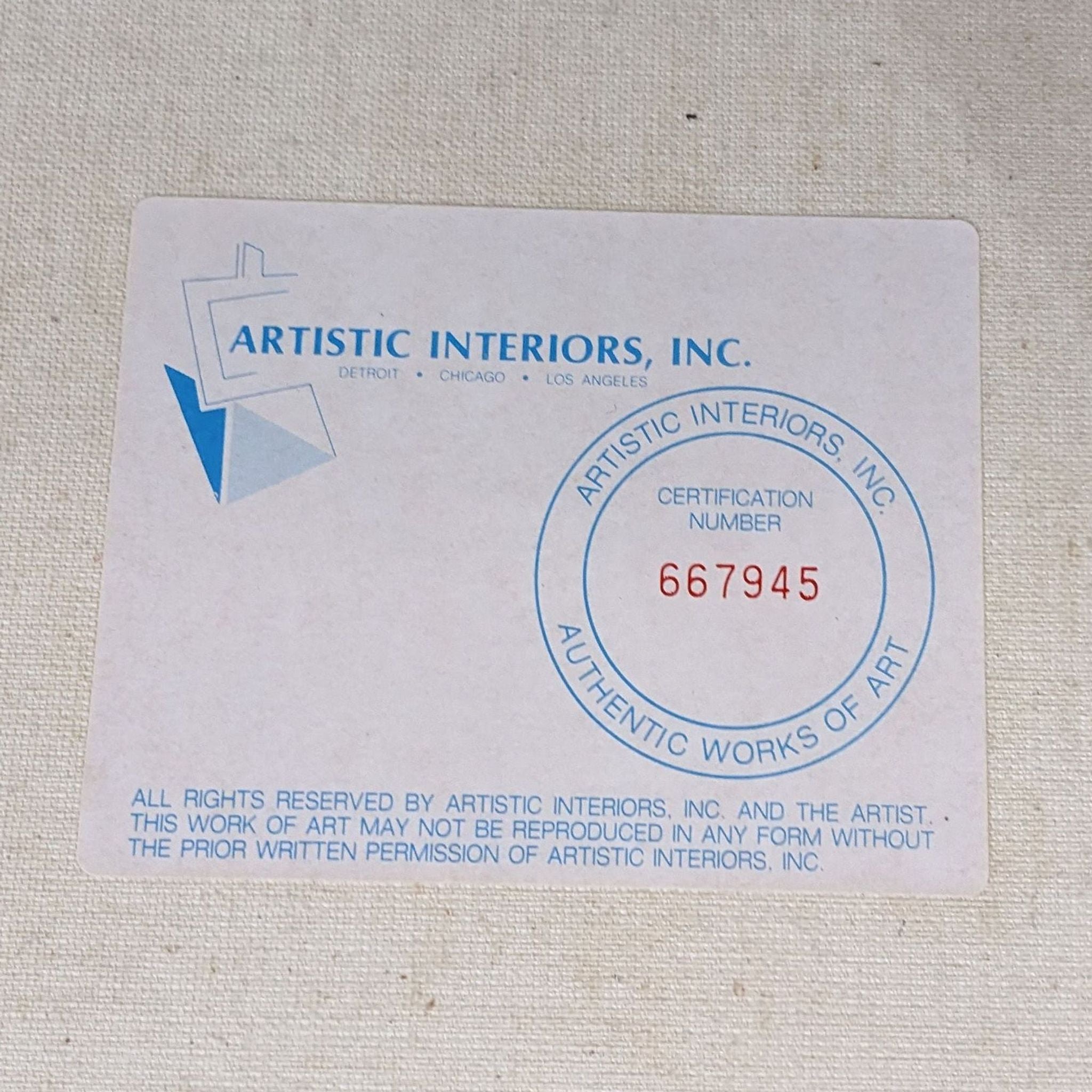 Artistic Interiors certification card with a number indicating authenticity of a still life artwork by Reperch.