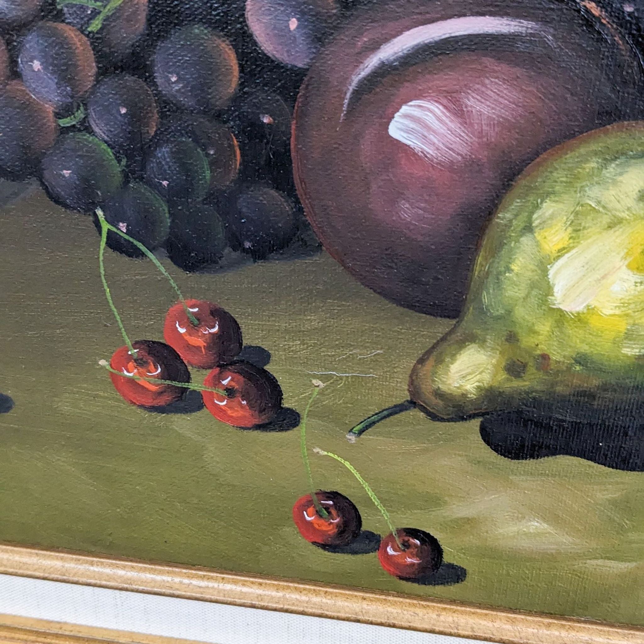 Alt text 2: Close-up of a still life painting showing textured details of grapes, cherries, and a pear, signed by artist Kance.