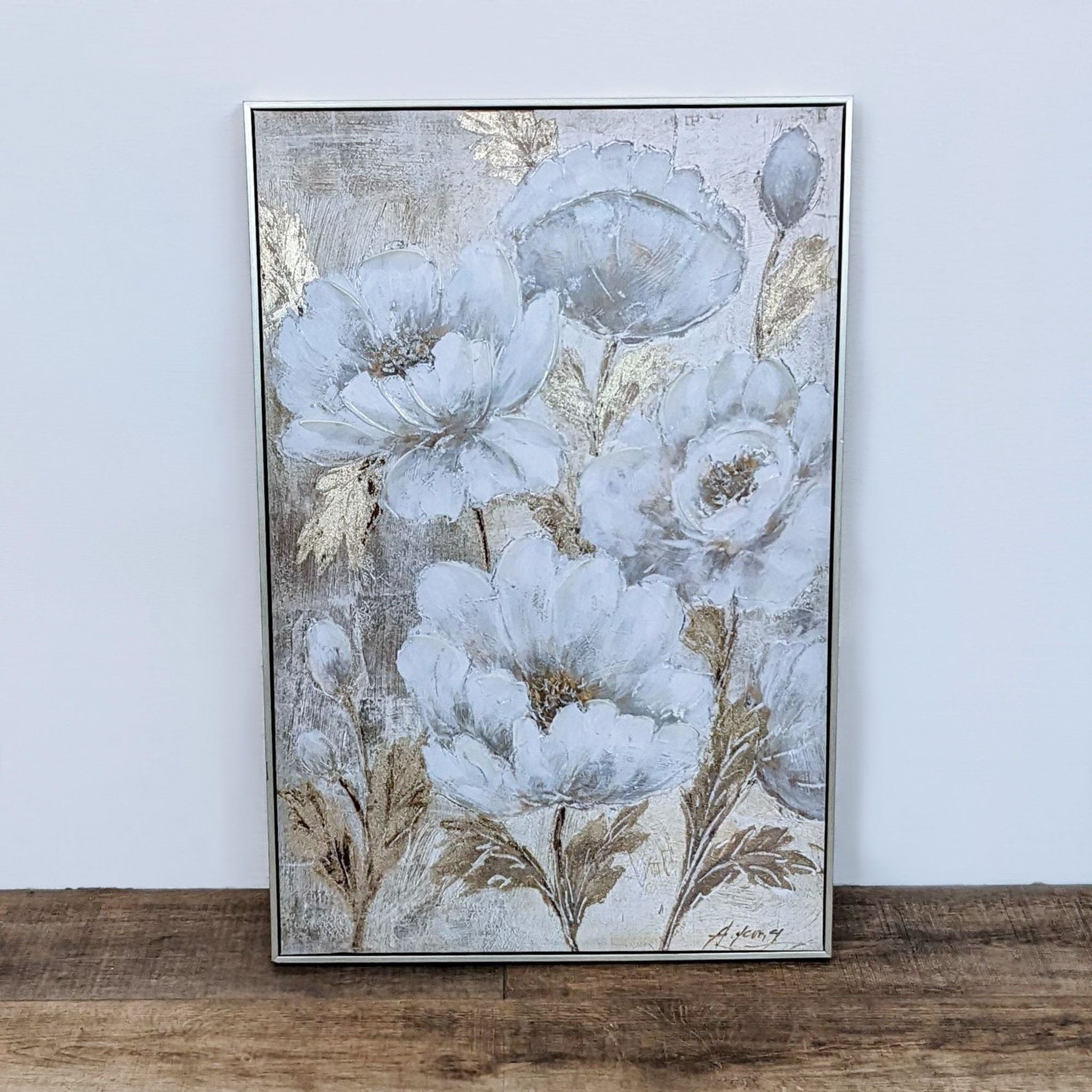 Reperch brand framed floral art on canvas with shimmering metallic accents.