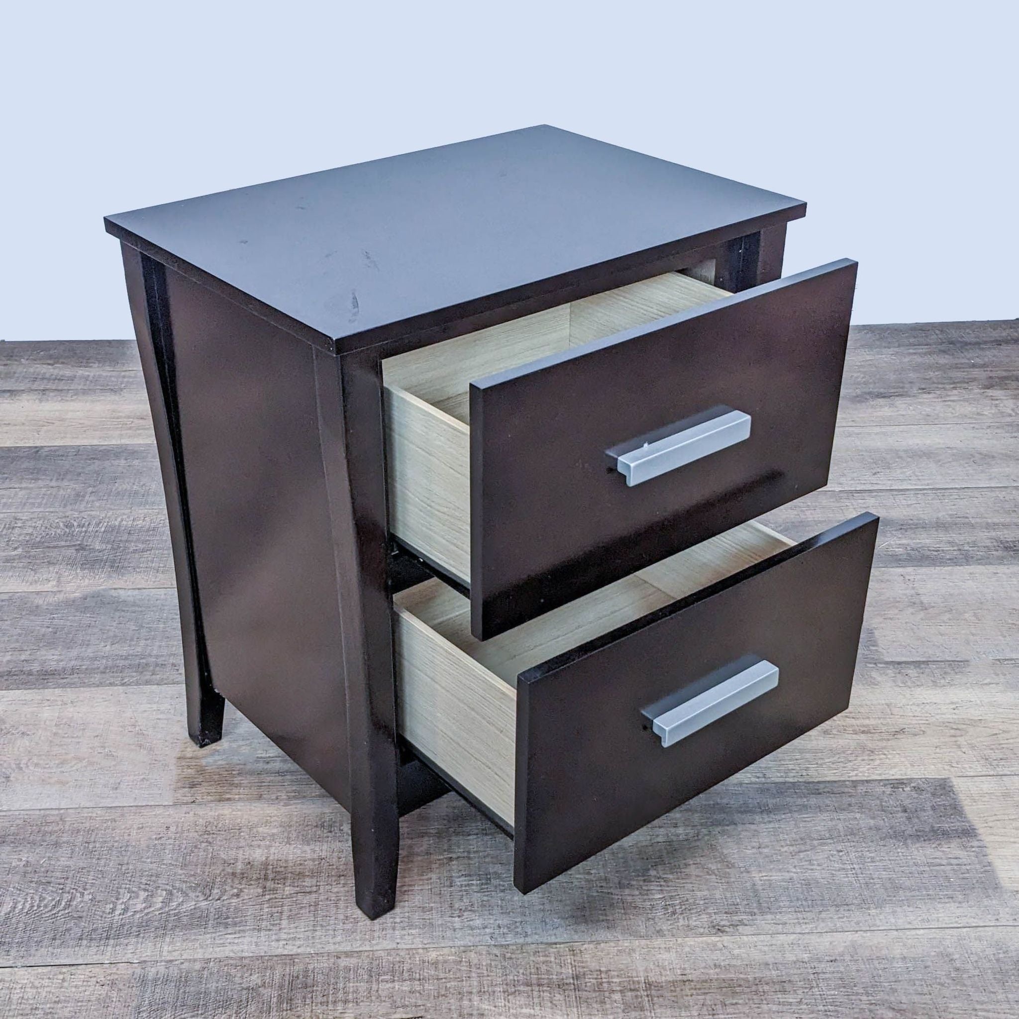 Alt text 2: Open-drawer angle of Coaster Fine Furniture end table, revealing maple veneers, in dark cappuccino finish.