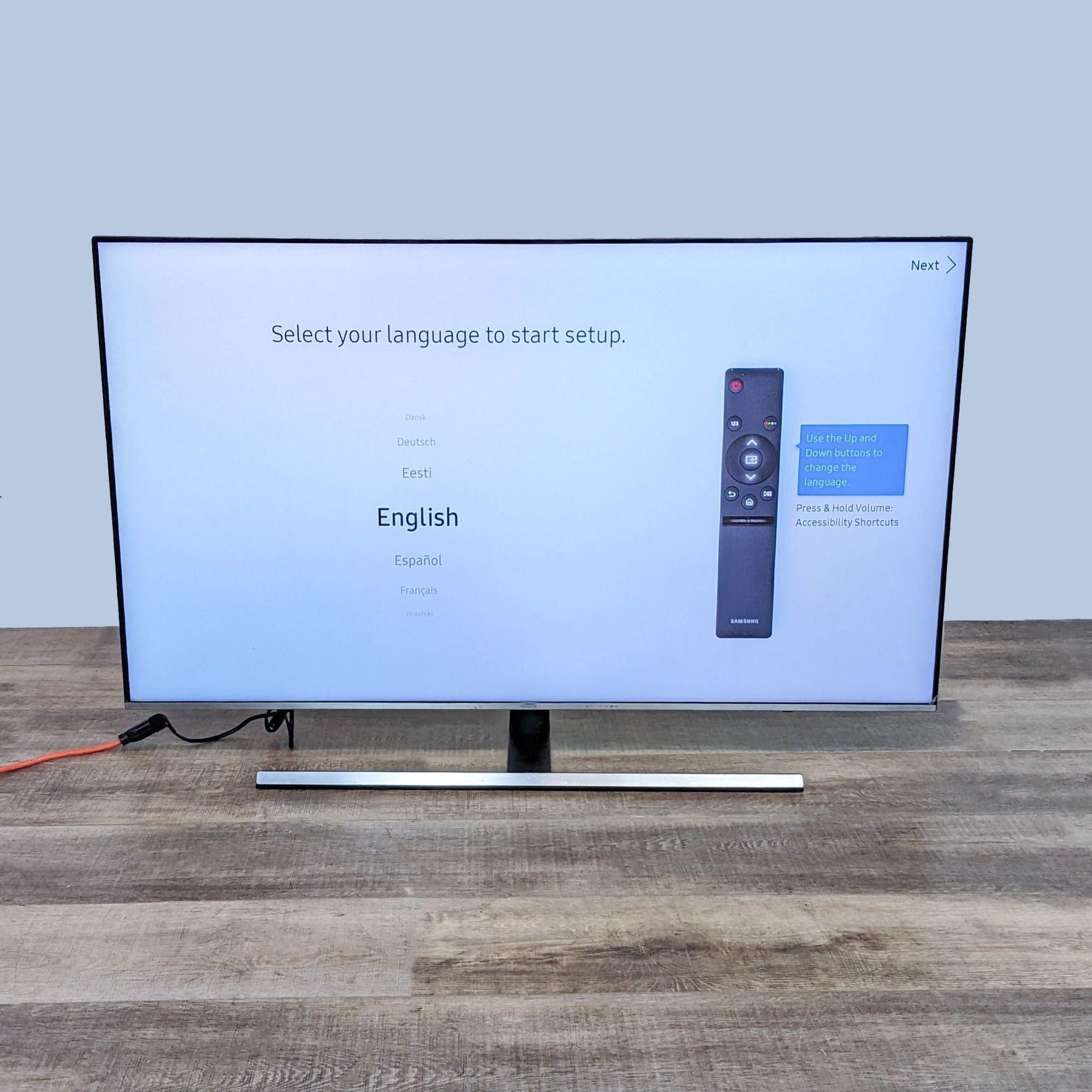 Samsung UN55NU8000F smart TV displaying language selection screen during initial setup, hinting at its interface features.