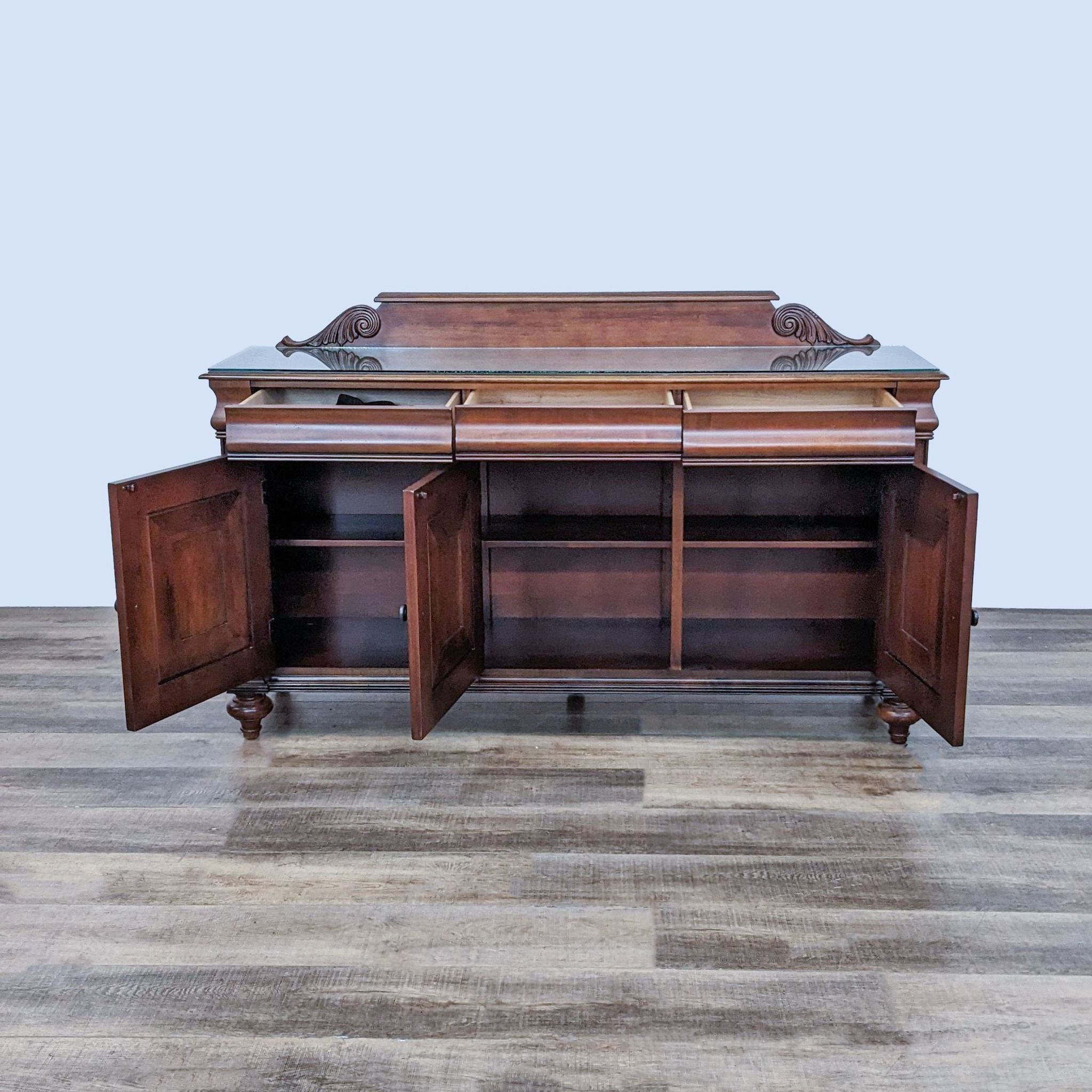Alt text 2: Open Ethan Allen sideboard revealing interior shelves, with impressive turned feet and moldings visible.