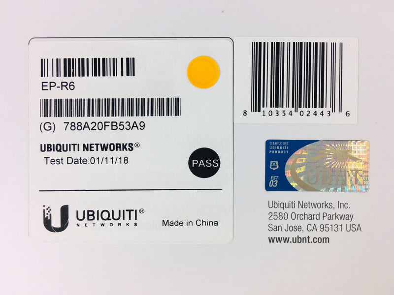 Image 3 alt text: Close-up of an Ubiquiti EdgePoint R6 label showing barcodes, test pass indicator, and Ubiquiti branding with a "Made in China" mark.