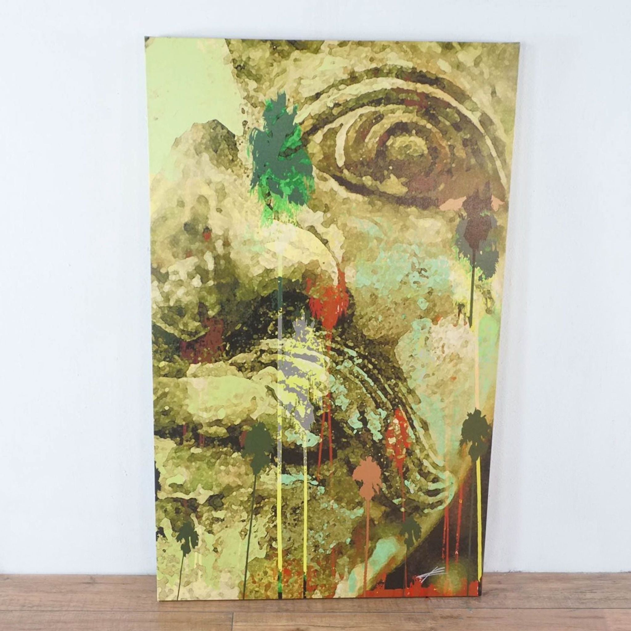 Abstract Asian-inspired giclee with green and red accents on a textured backdrop, Reperch brand.