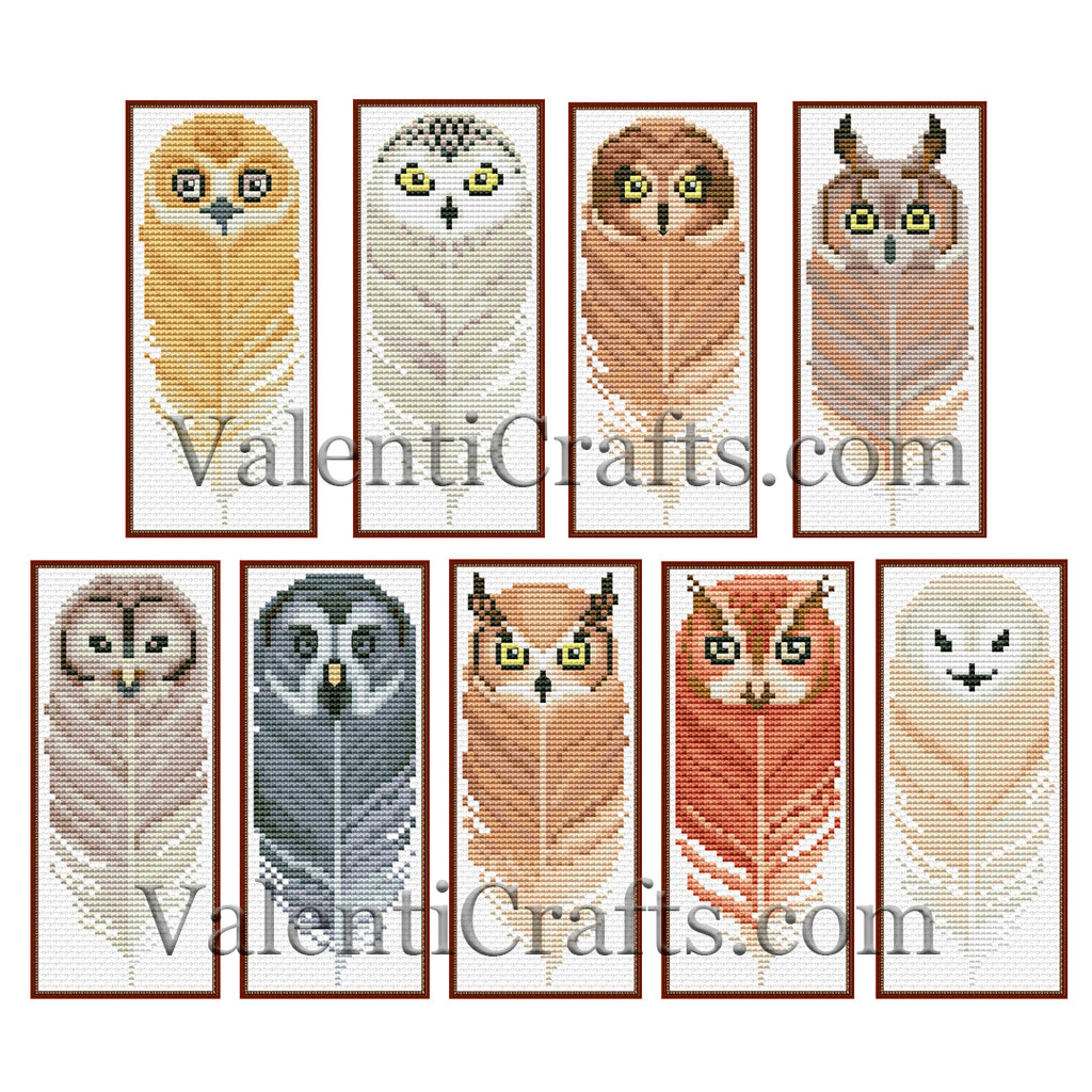 9 Cross Stitch Patterns Bookmarks Owls Set Valenti Crafts