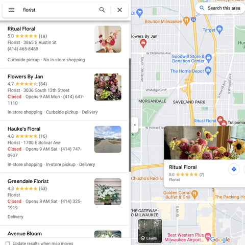 Screenshot of Google Maps with a search for Milwaukee florists. Top result is Ritual Floral with 5 stars.
