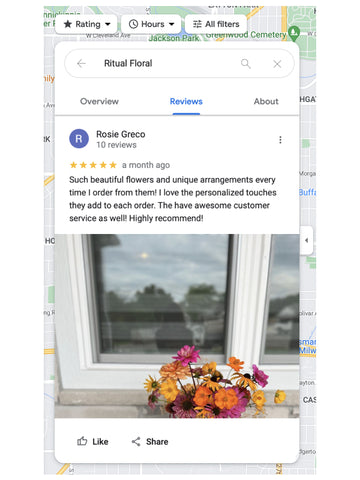 A screenshot of Ritual Floral's Google Business page with a 5 star review from a customer.