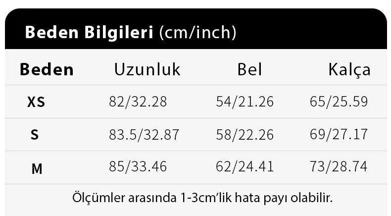 YÜKSEK BEL TOPARLAYICI TAYT beden tablosu