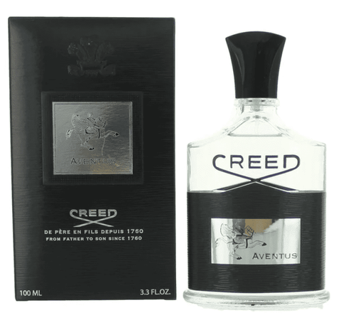 3.3 oz bottle of creed aventus mens cologne along with black packaging