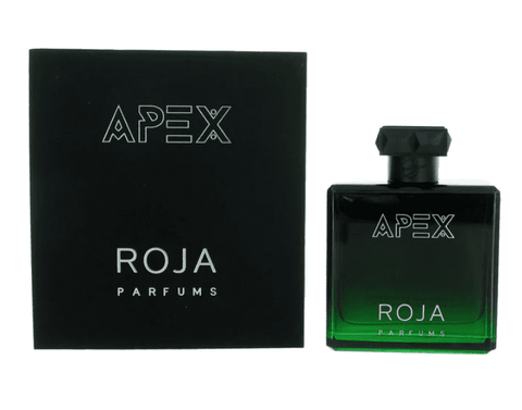 3.4 oz bottle of apex cologne for men by roja parfums along with black packaging