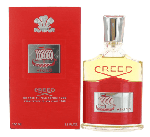 3.3 oz bottle of creed viking mens cologne along with orange packaging