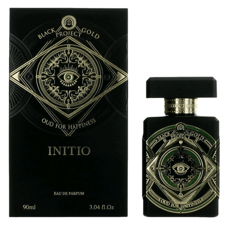 black 3 oz. bottle of initio's oud for happiness cologne with a green eye in the center