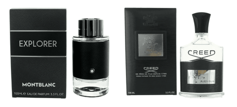 mont blanc explorer cologne bottle to the left and creed aventus cologne to the right