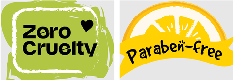 dual split image with the left having a zero cruelty logo and the right having a paraben free logo