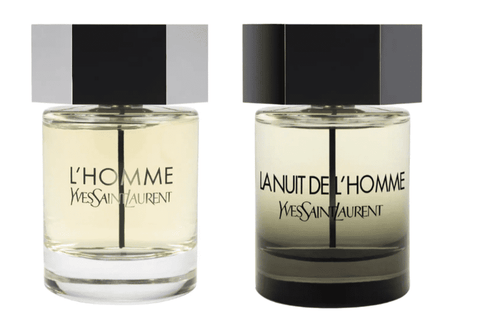 split photo of ysl l'homme on the left and la nuit de l'homme on the right