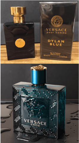 split photo with versace dylan blue on top and versace eros on the bottom