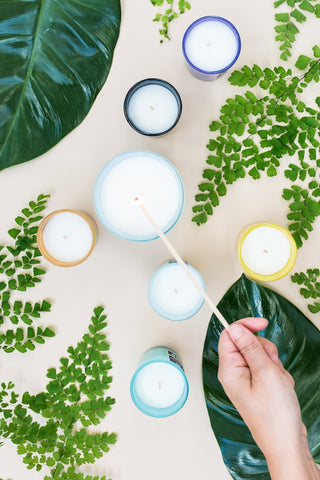 seven candles in colored jars surrounded by plants