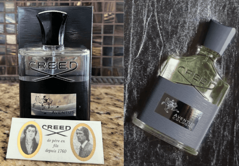 split photo with a bottle of creed aventus on the left and a bottle of aventus cologne on the right