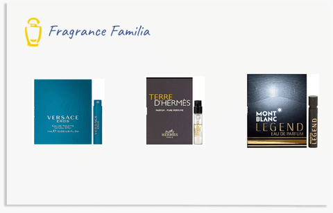 branded fragrance familia envelope with three decant cologne samples