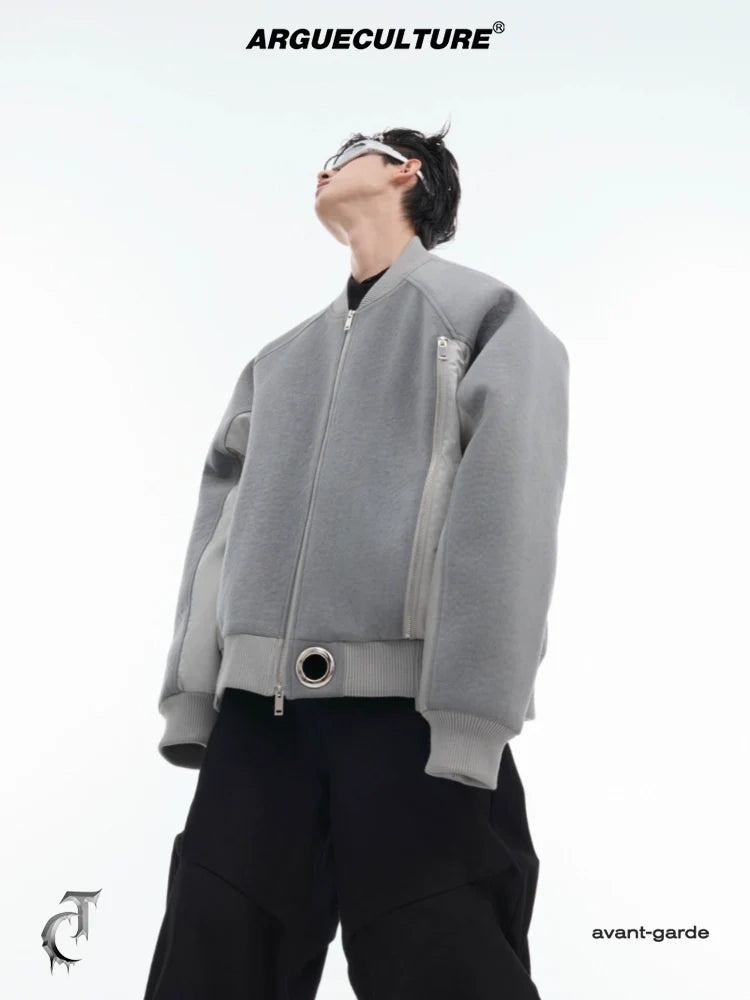 Suede Patchwork Puffer Jacket with Zipper Detail and Oversized