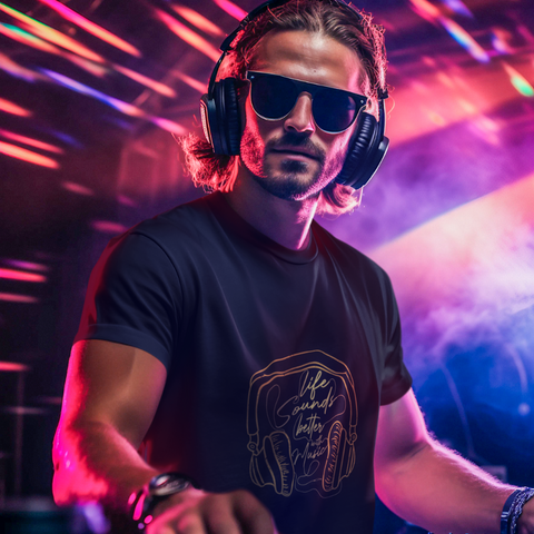 a  dj man wear back t-shirt themed as life sound better with music