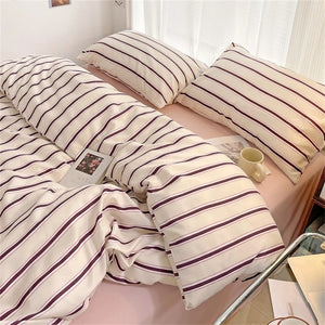 Pure Cotton Home Textile Blue Striped Bedding Set Simple Soft Duvet Cover Sheet Pillowcase Ins Style Bed Linens Queen King Size - Jaazi International