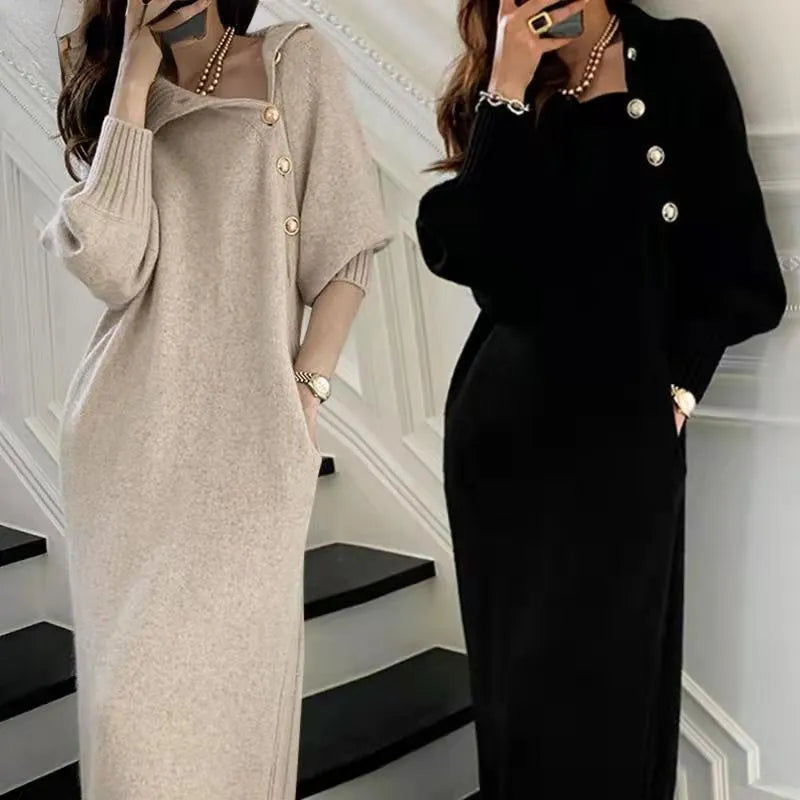 2023  Button Turtleneck Sweater Dress