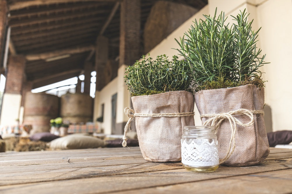 Herbs in rustic bags on a wooden decking.