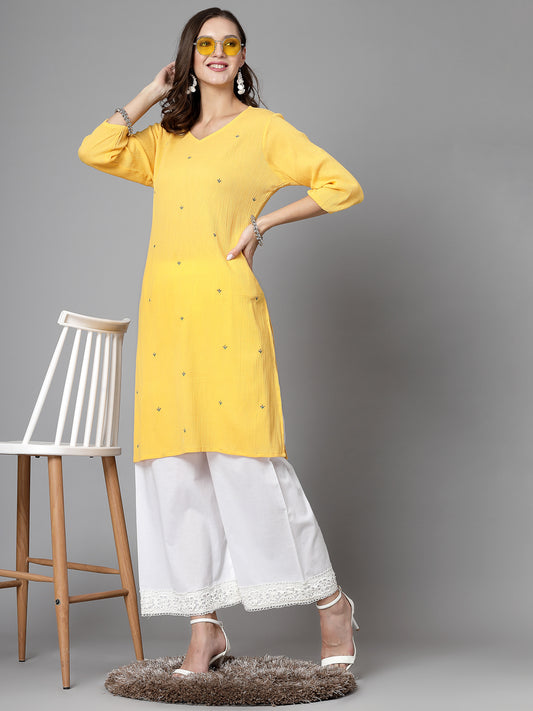 Women Mustard Kurta With Embroidered Front - Kashyap Global Lifestyles LLP