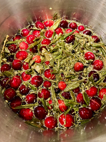 Cranberry & Wild Taiga Immune Boosting Shrub Cooking in Stainless Steel Pot