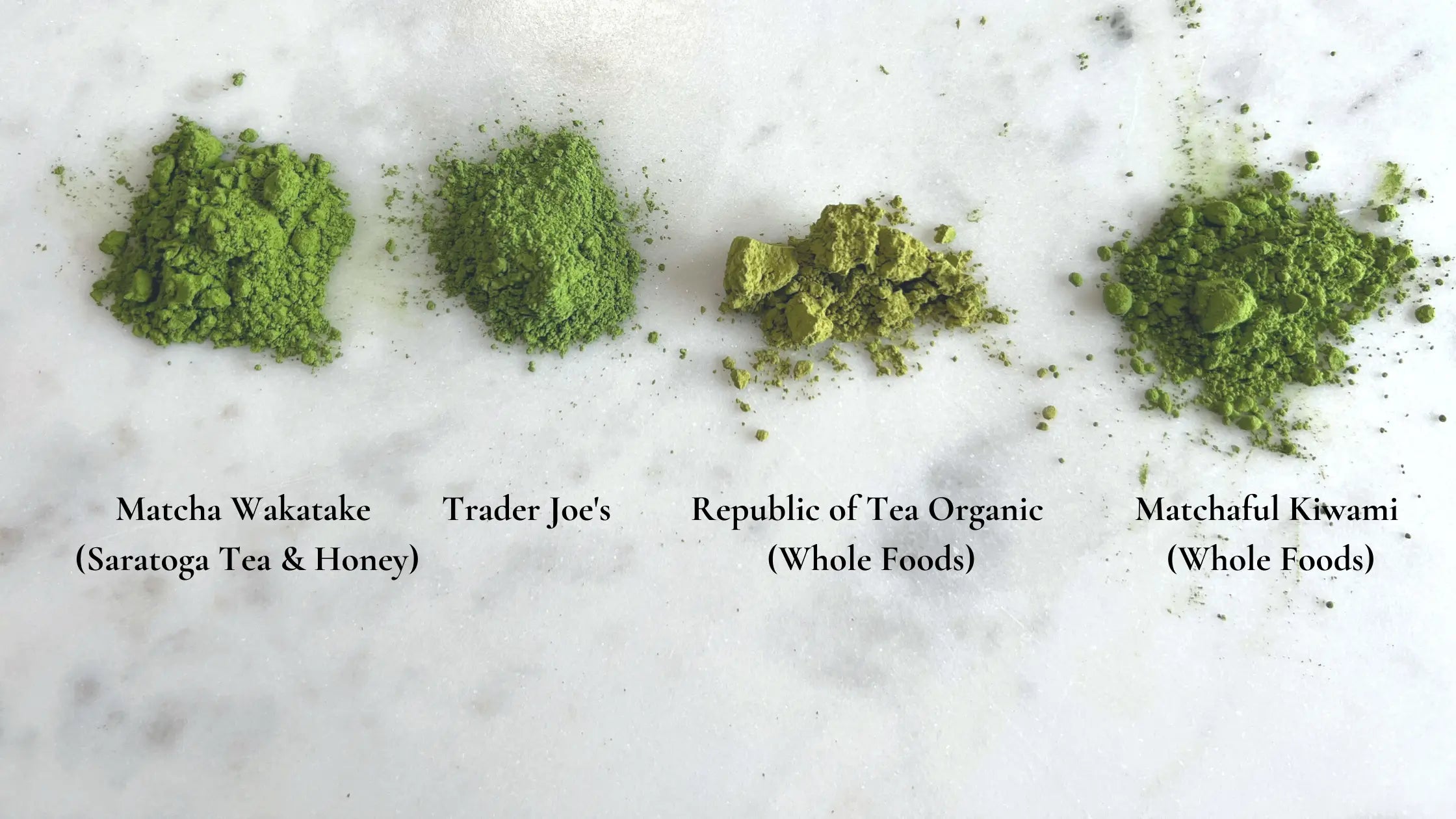 color comparison of piles of matcha powder from left to right: Matcha Wakatake, Trader Joe's, Republic of Tea Organic Matcha, Matchaful Kiwami
