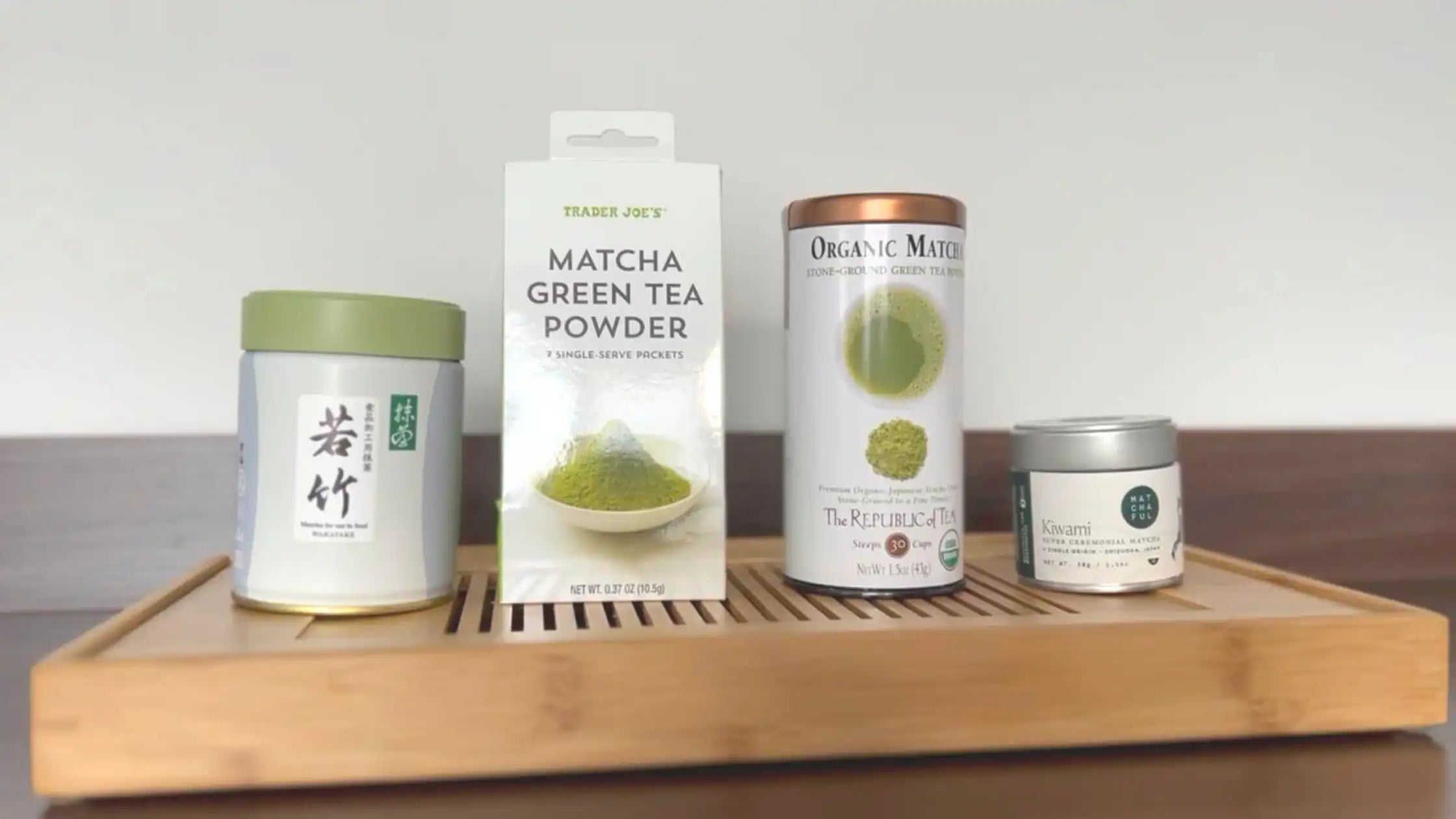 Picture of comparison Matchas. Left to right: Matcha Wakatake, Trader Joe's, Republic of Tea Organic Matcha, Matchaful Kiwami