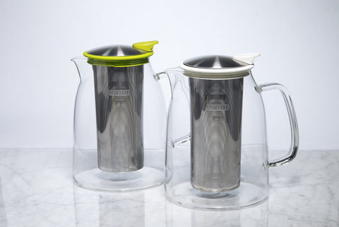 two glass iced tea pitchers with infusers