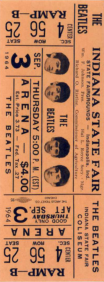 Image of ticket from the 1964 American Tour that links to the 1964 Tour Ticket Necklace 12 - Indianapolis 9/3/64