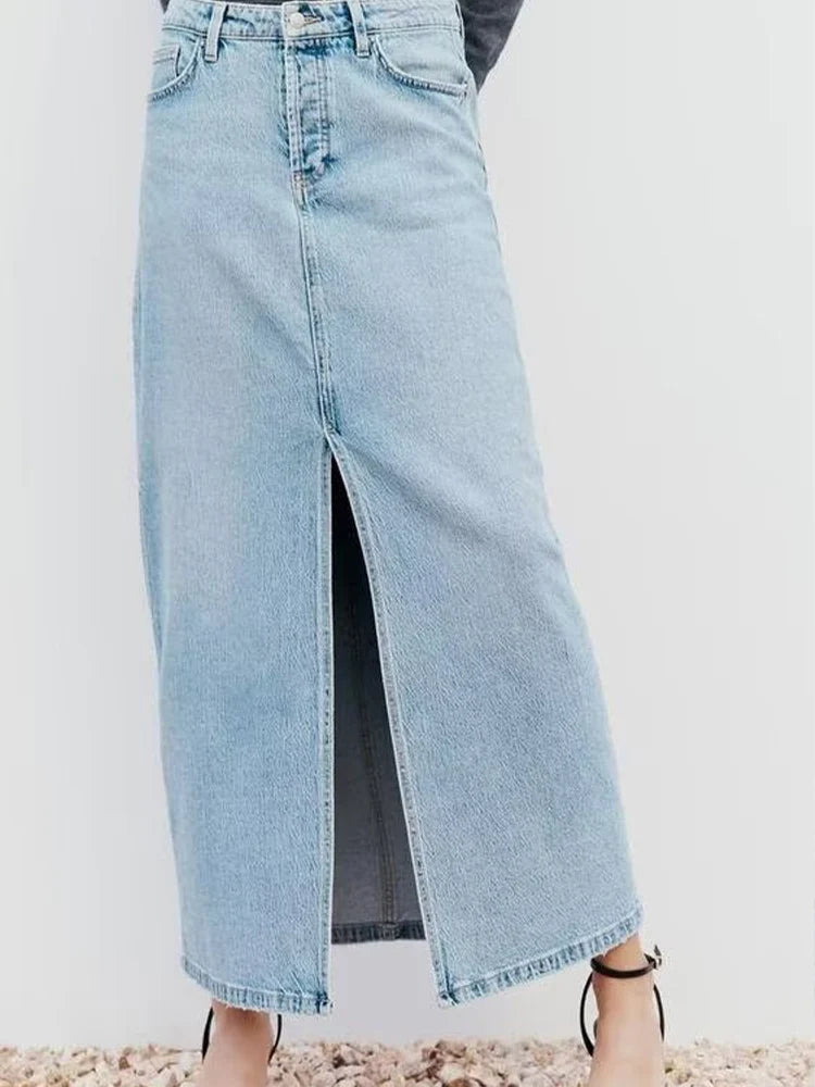 fashionable and versatile spring style new style slit hem washed effect denim high waist long skirt