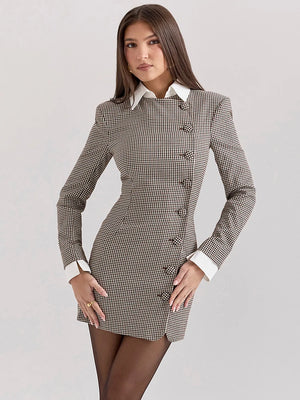 Plaid Long Sleeve Sexy Mini Dress For Women Elegant Single-breasted Shirt Collar High Waist Bodycon Club Dress Vestido - Pekosa Women Fashion