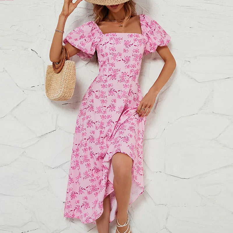 Spring/Summer Fashion Women's Printed Square Neck Sweet Short Sleeve Strap Dress for Women