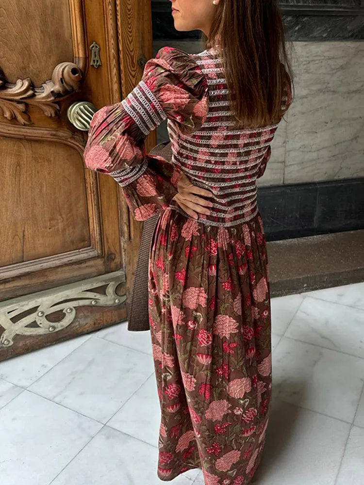 Contrast Printed Puff Sleeve Pleated Women Dress Fashion Chic O-neck High Waist Dresses 2025 Spring New Lady High Street Robes