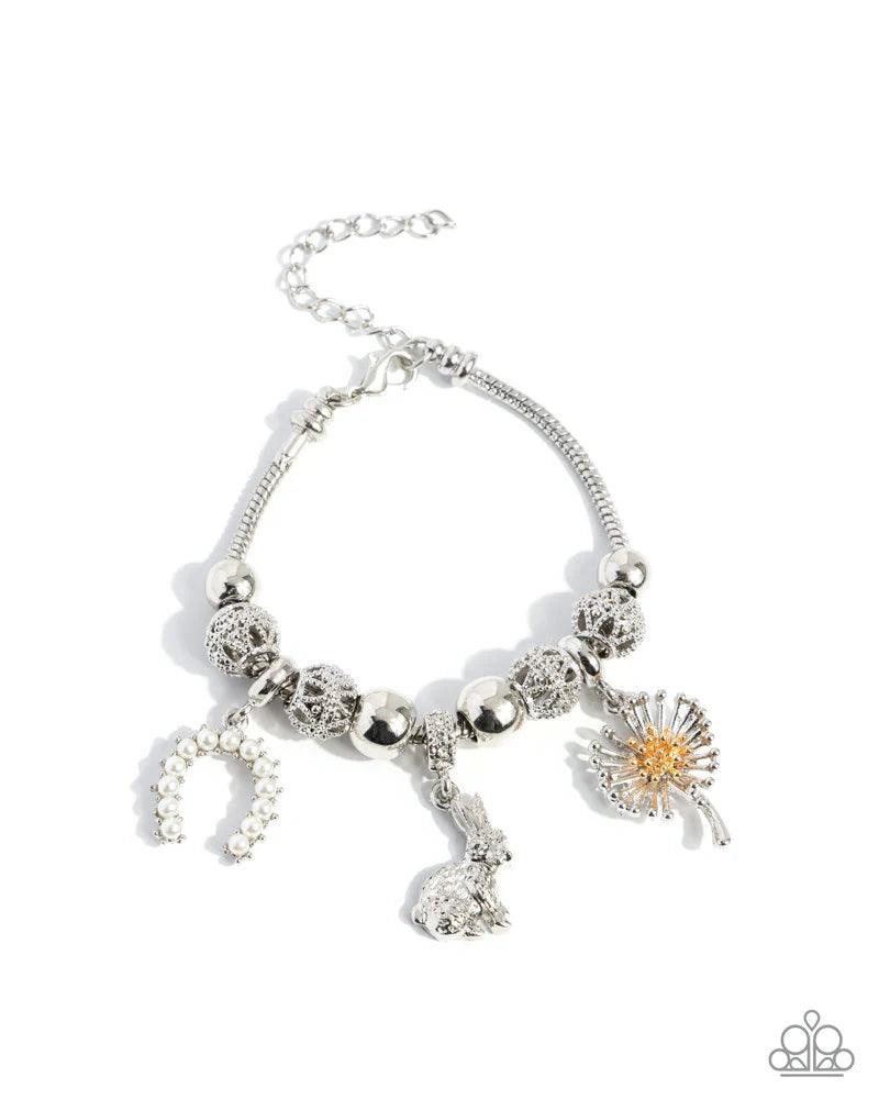 Graceful Godsend - White Pearl Horseshoe, Silver Rabbit, Dandelion Charm Paparazzi Bracelet